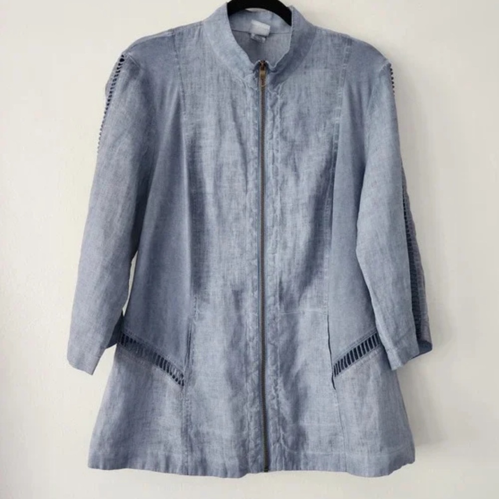 Mind Set by XCVI 100% linen zip blue‎ top light jacket blouse Sz M